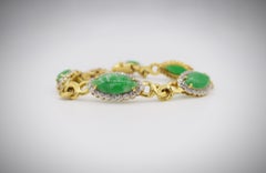 Scalloped Diamond Edge Untreated Apple Green Burmese Jadeite Jade Gold Bracelet