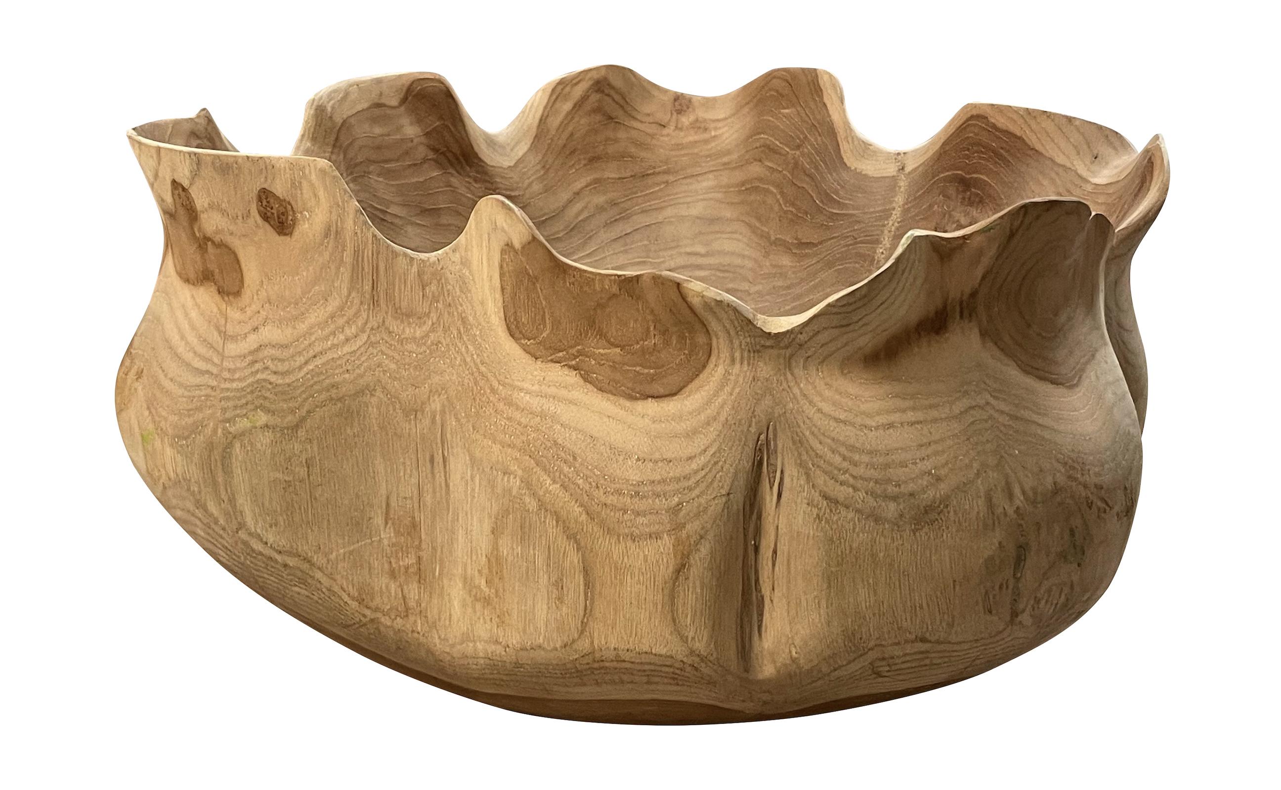 Indonesian Scalloped Edge Wood Bowl, Indonesia, Contemporary For Sale
