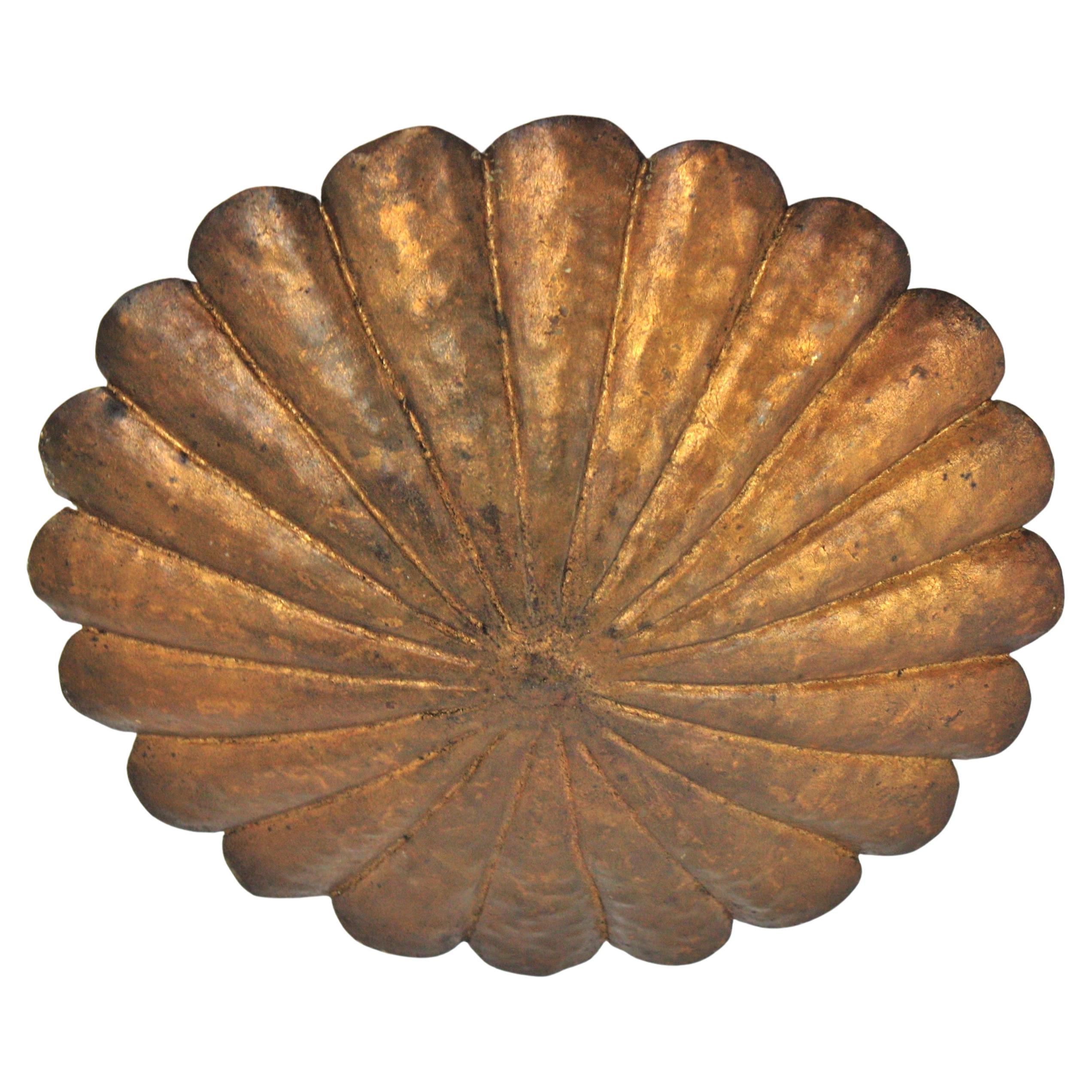 Scalloped Flower Ceiling Light Fixture in Gilt Iron, France 1940s