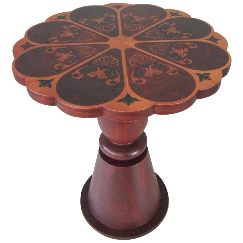 SCALLOPPED/G Brown Lamp Table with Flower Inlay on Wooden Top and Turned Column For Sale