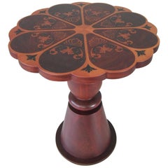 SCALLOPPED/G Brown Lamp Table with Flower Inlay on Wooden Top and Turned Column