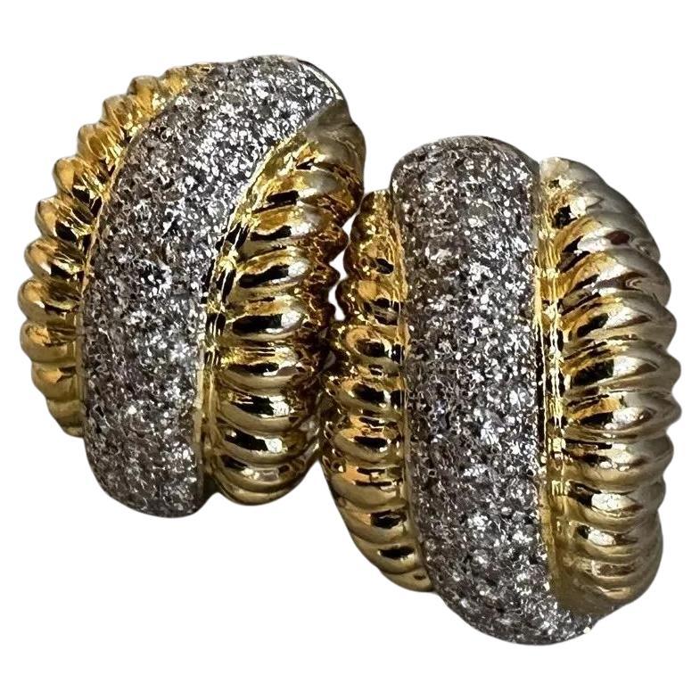 Scalloped Gold and Diamond Pave Half Hoop Earrings in 18k Yellow Gold
