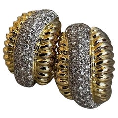 Scalloped Gold and Diamond Pave Half Hoop Earrings in 18k Yellow Gold