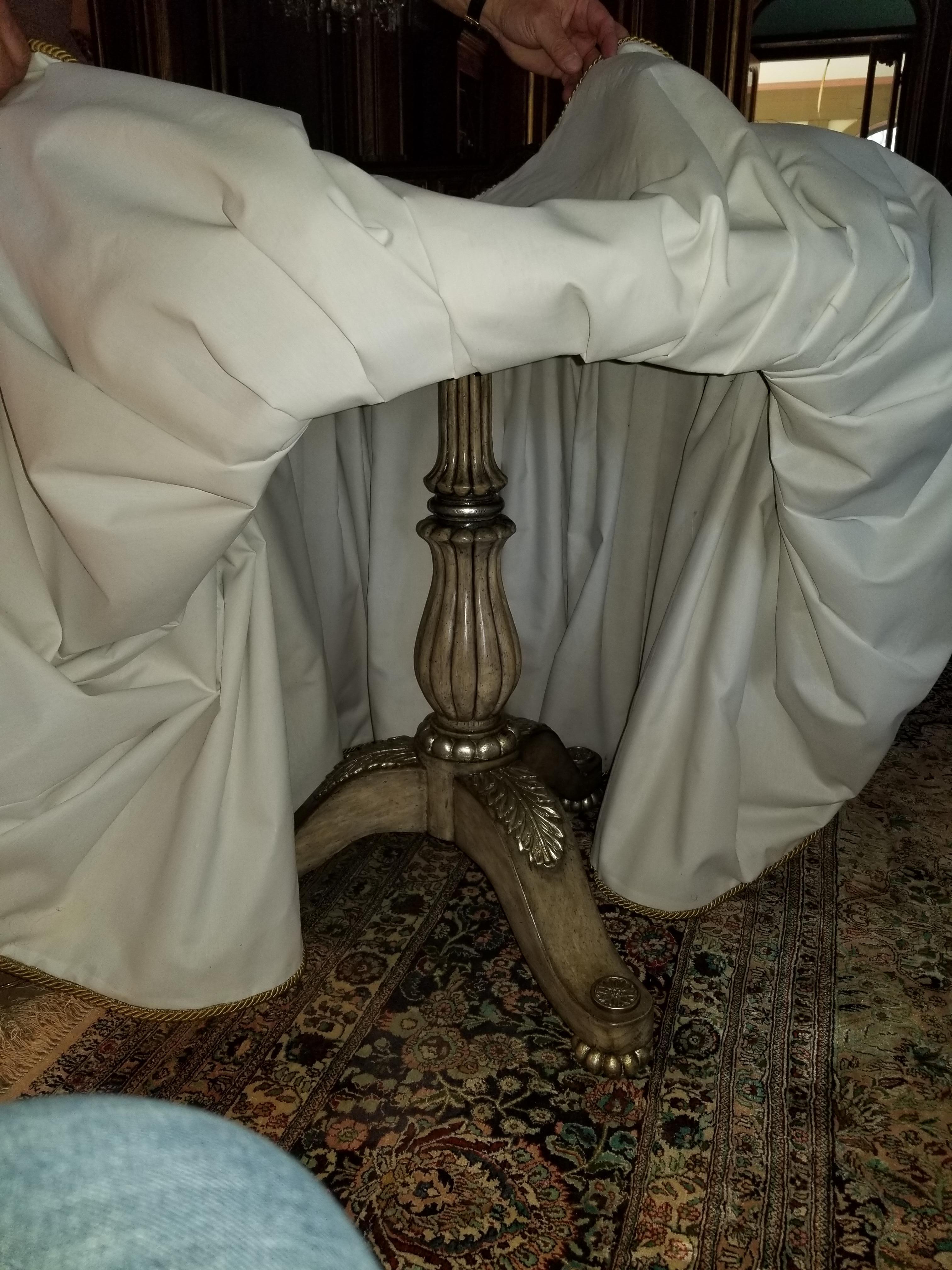 North American Scalloped Gold Painted Metal Pedestal Table with a Silk Skirt, 20th Century For Sale