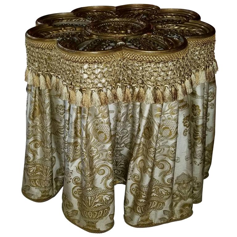 Scalloped Gold Painted Metal Pedestal Table with a Silk Skirt, 20th Century For Sale
