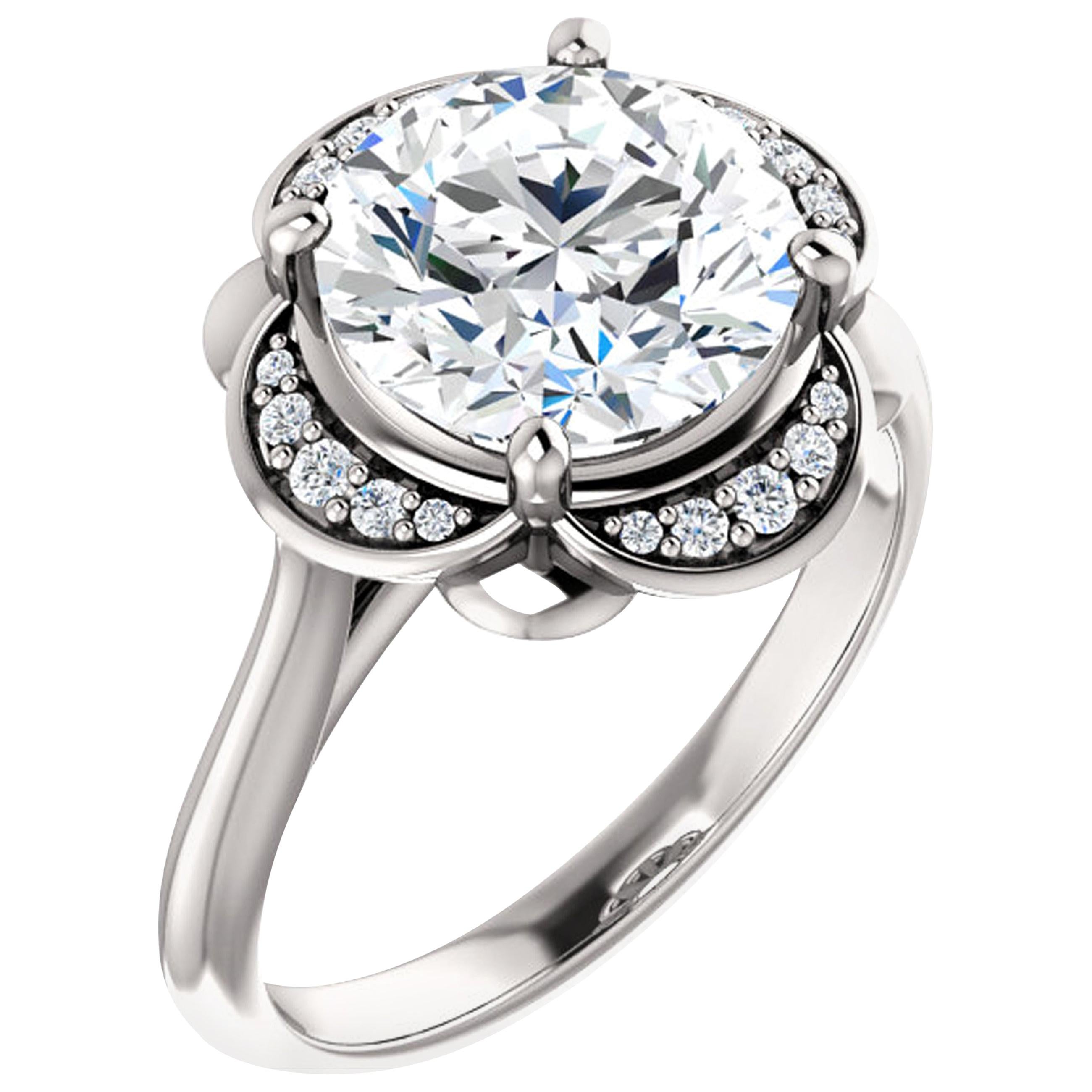 Scalloped Halo Round Brilliant GIA Diamond Engagement Ring 14 Karat White Gold For Sale