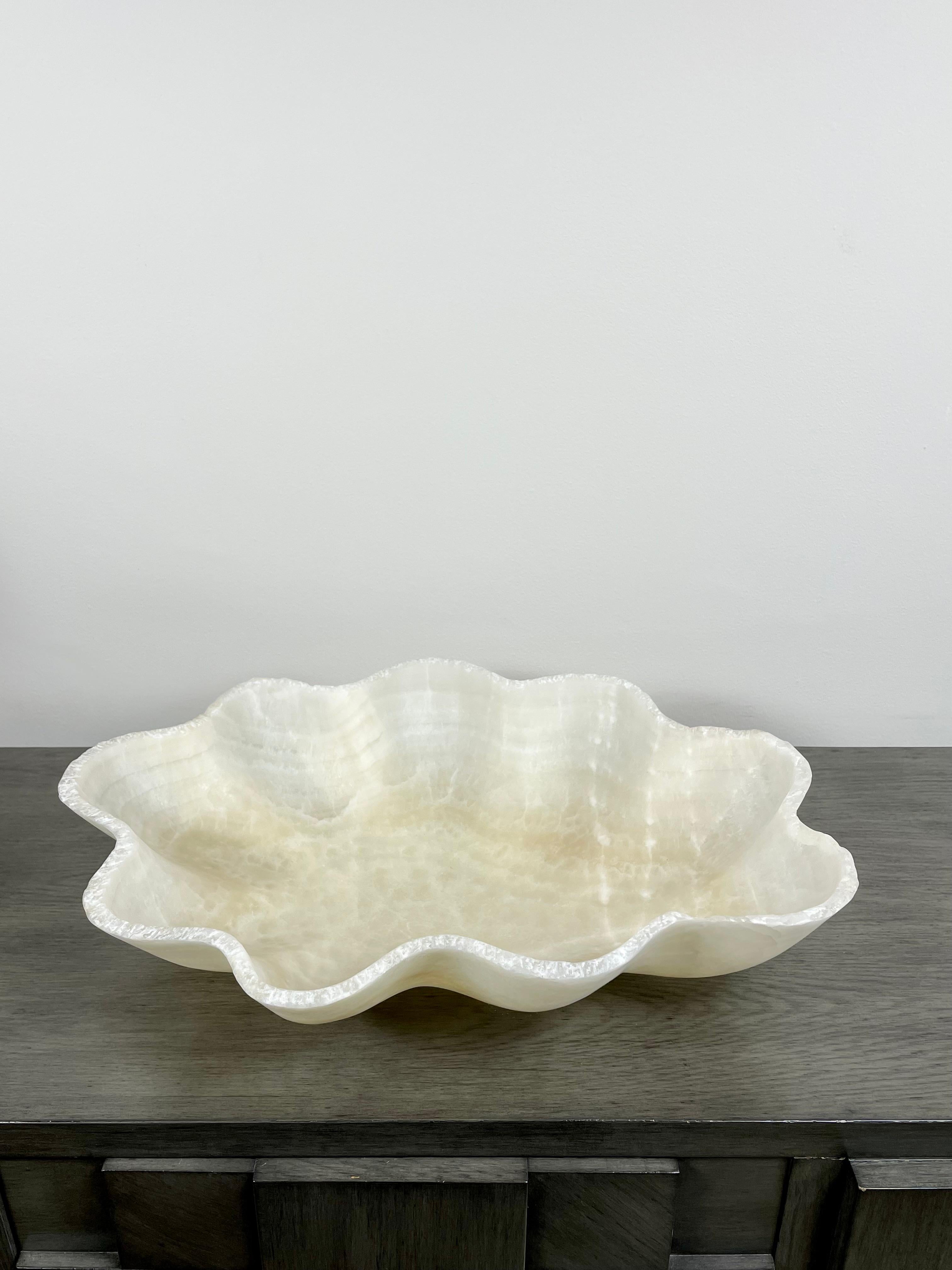 Organic Modern Scalloped Hand-Carved Onyx Bowl For Sale