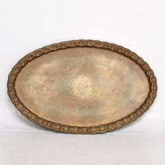 Scalloped Indian Brass & Bamboo Oval Coffee Table Hollywood Regency Baker 1960s