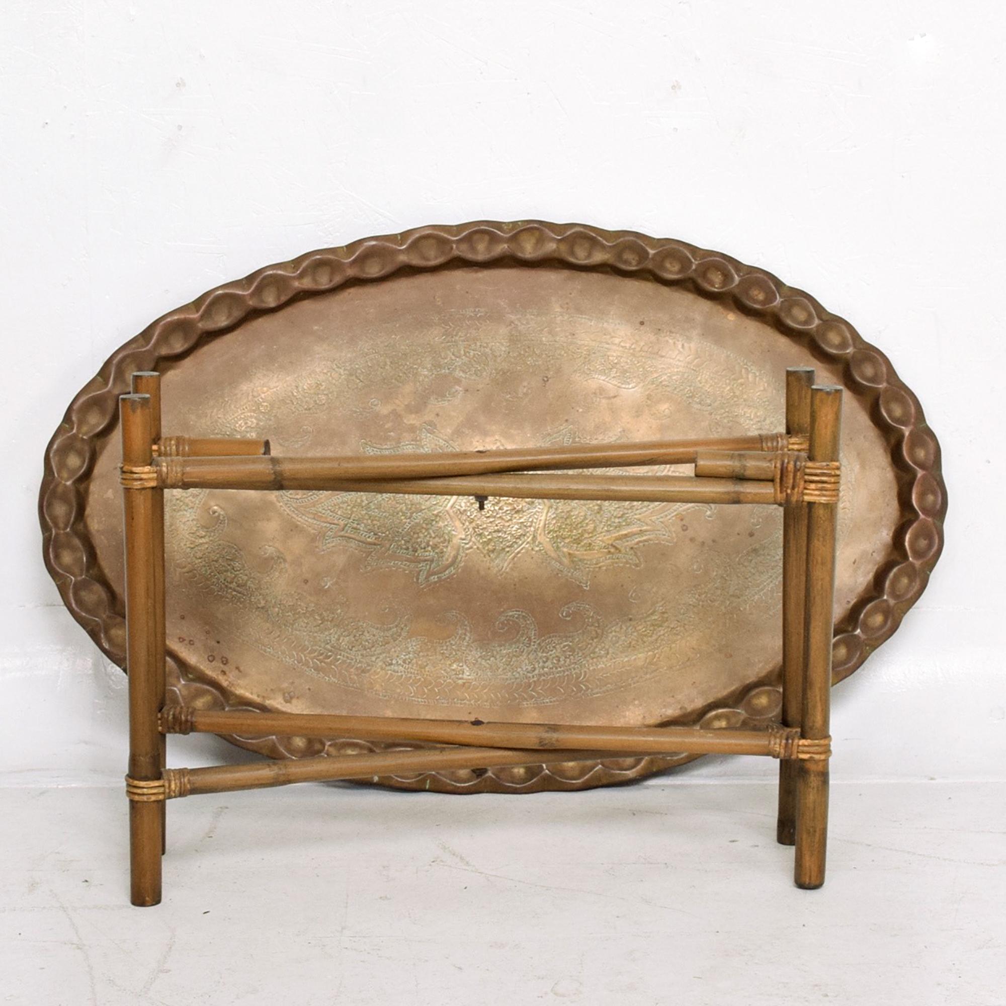 American Scalloped Indian Brass & Bamboo Oval Coffee Table Hollywood Regency Baker 1960s