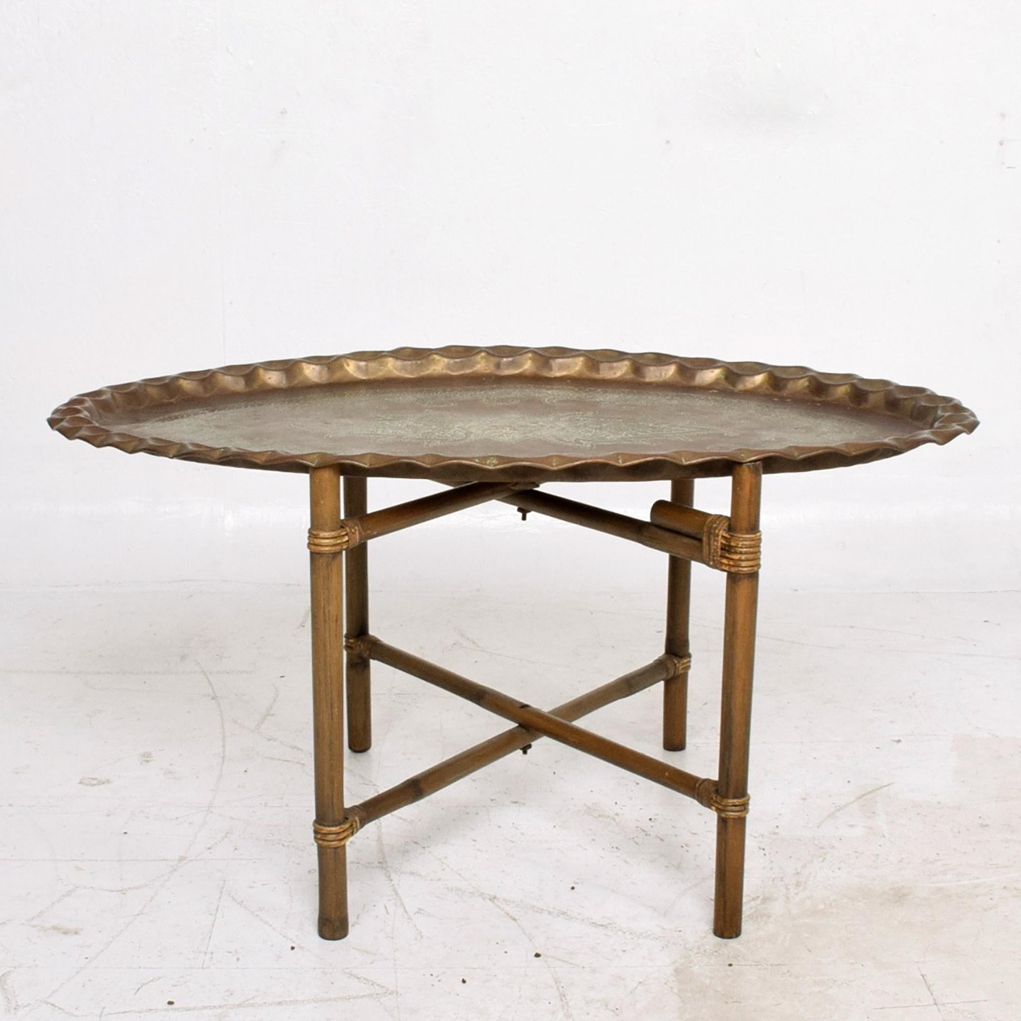 Mid-20th Century Scalloped Indian Brass & Bamboo Oval Coffee Table Hollywood Regency Baker 1960s