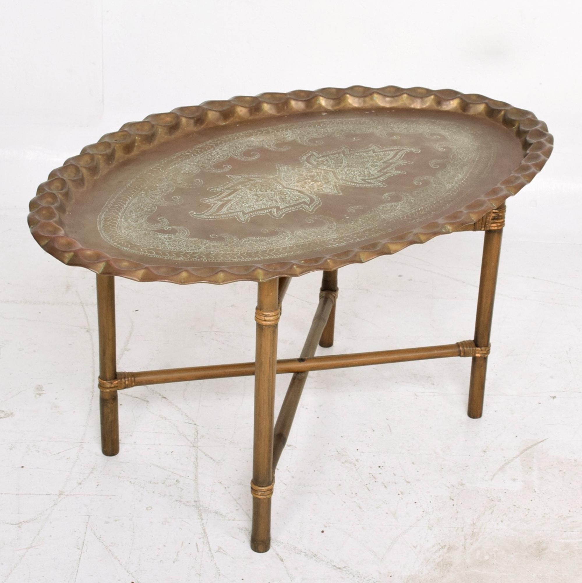 Scalloped Indian Brass & Bamboo Oval Coffee Table Hollywood Regency Baker 1960s 1
