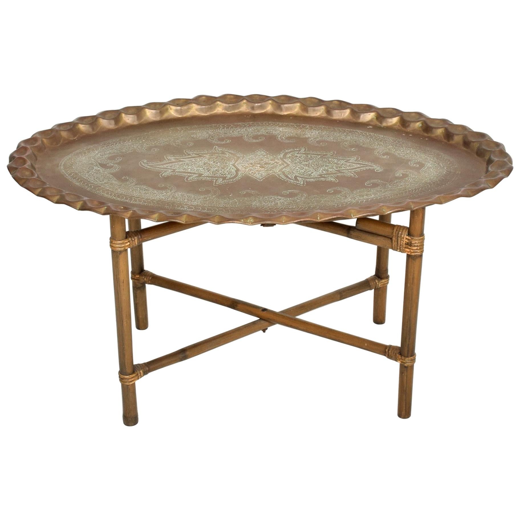 Scalloped Indian Brass & Bamboo Oval Coffee Table Hollywood Regency Baker 1960s