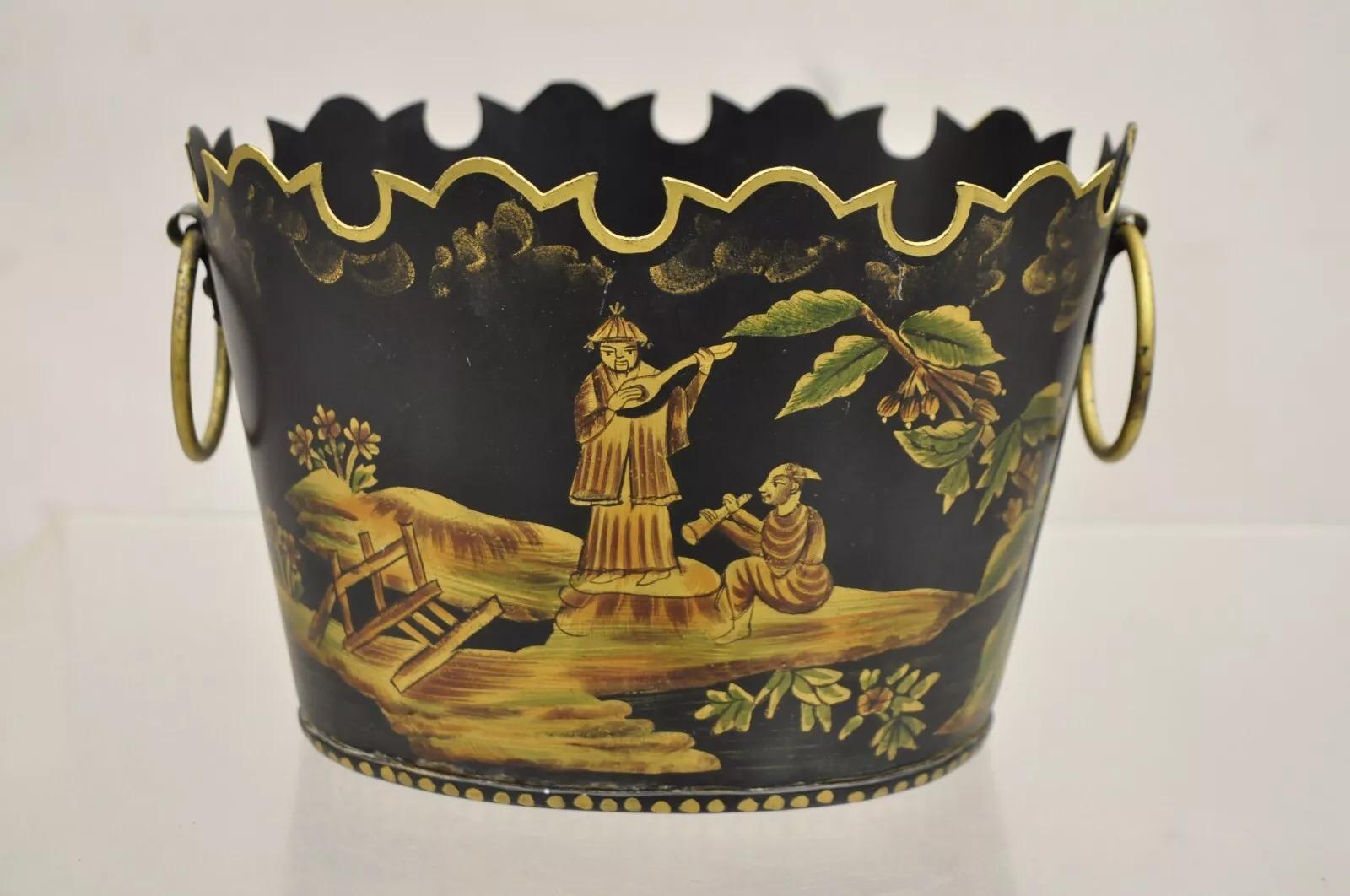 Scalloped Italian Hand Painted Toleware Chinoiserie Black Metal Planter - A Pair 5