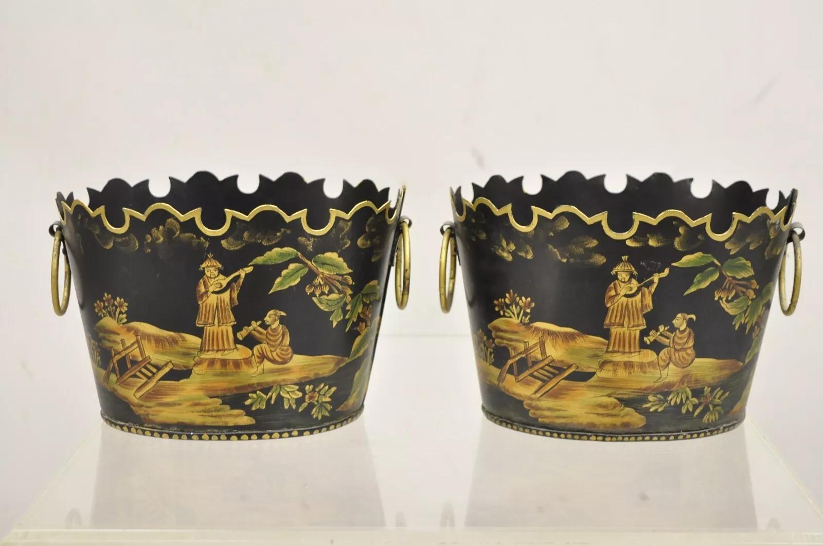 Scalloped Italian Hand Painted Toleware Chinoiserie Black Metal Planter - A Pair 6