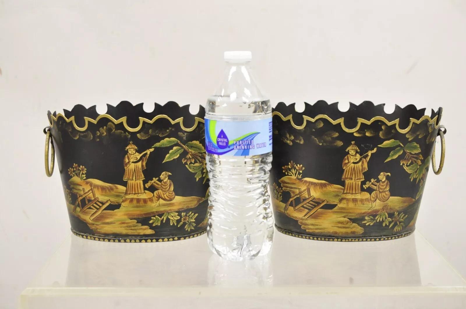 Scalloped Italian Hand Painted Toleware Chinoiserie Black Metal Planters - A Pair. Circa Late 20th Century. Measurements: 5.5