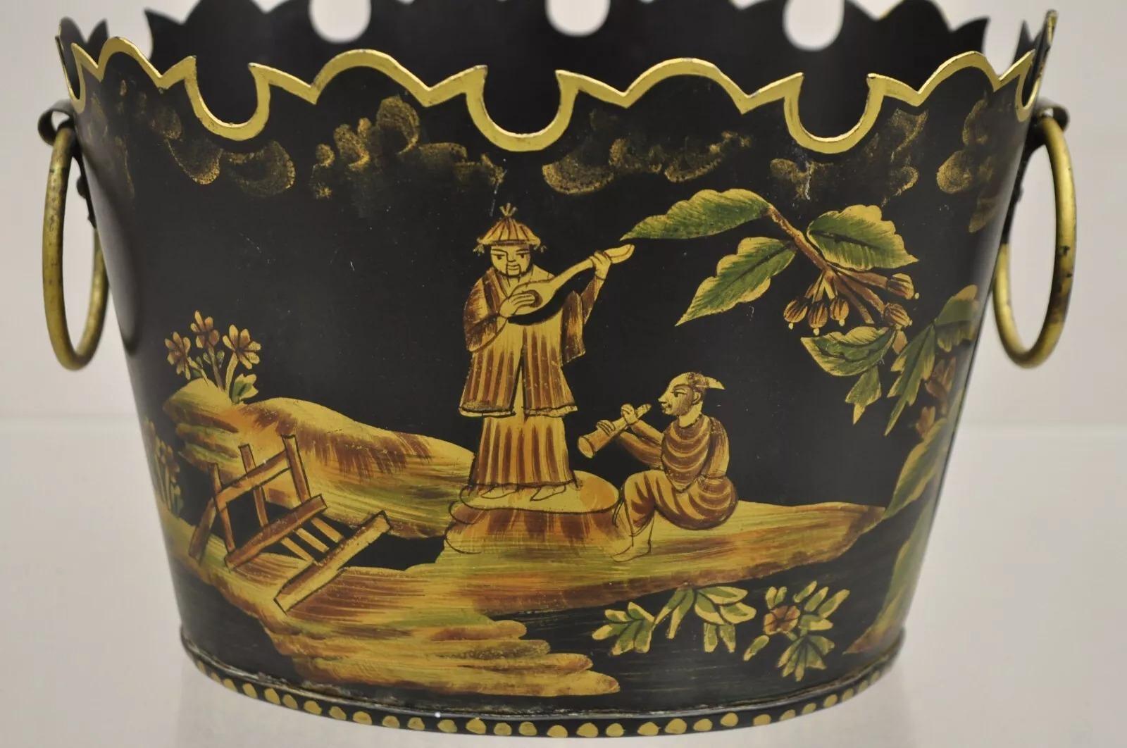 Unknown Scalloped Italian Hand Painted Toleware Chinoiserie Black Metal Planter - A Pair
