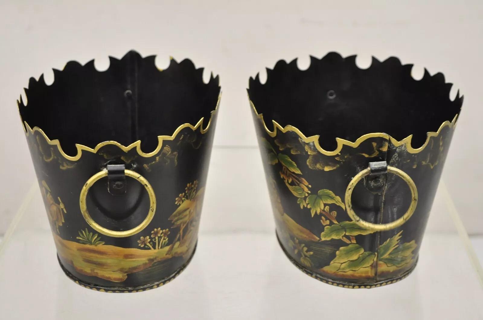 Scalloped Italian Hand Painted Toleware Chinoiserie Black Metal Planter - A Pair In Good Condition In Philadelphia, PA
