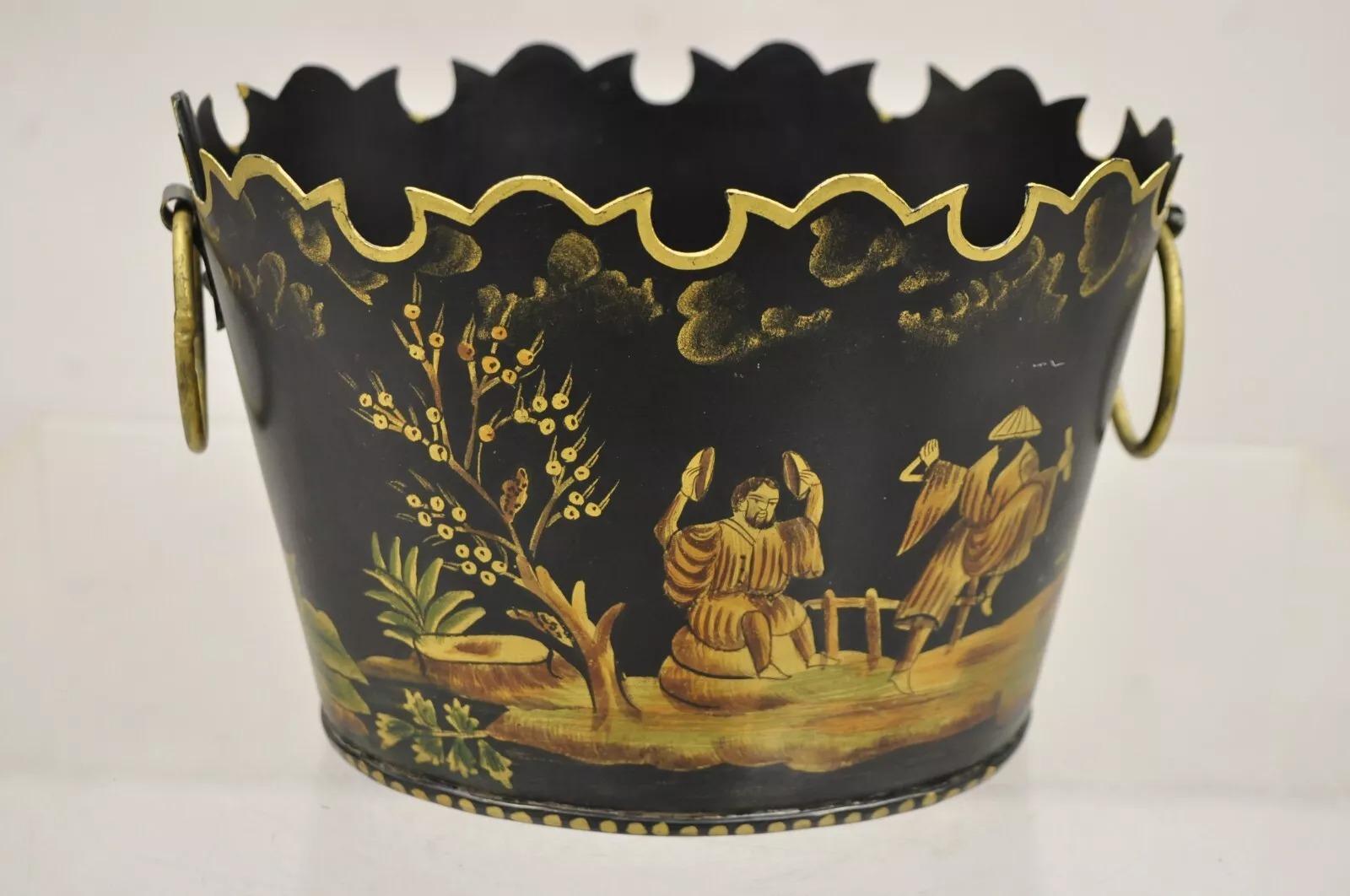 20th Century Scalloped Italian Hand Painted Toleware Chinoiserie Black Metal Planter - A Pair