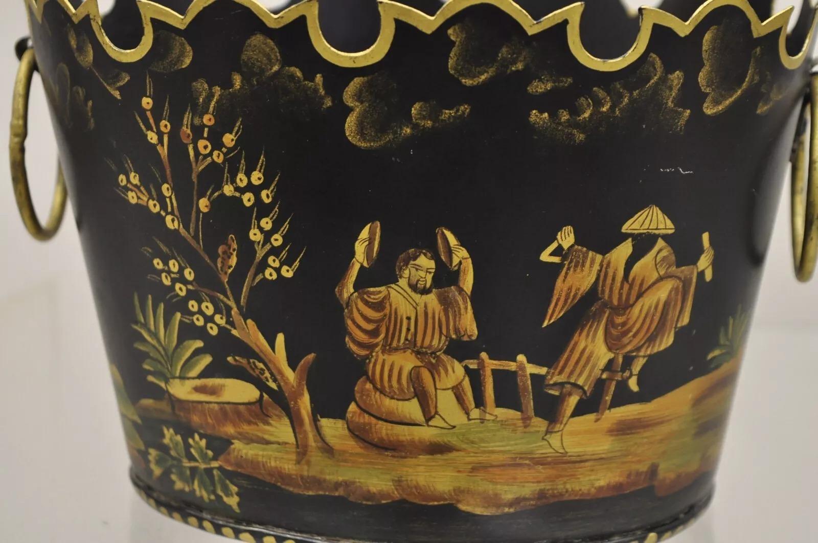 Scalloped Italian Hand Painted Toleware Chinoiserie Black Metal Planter - A Pair 1