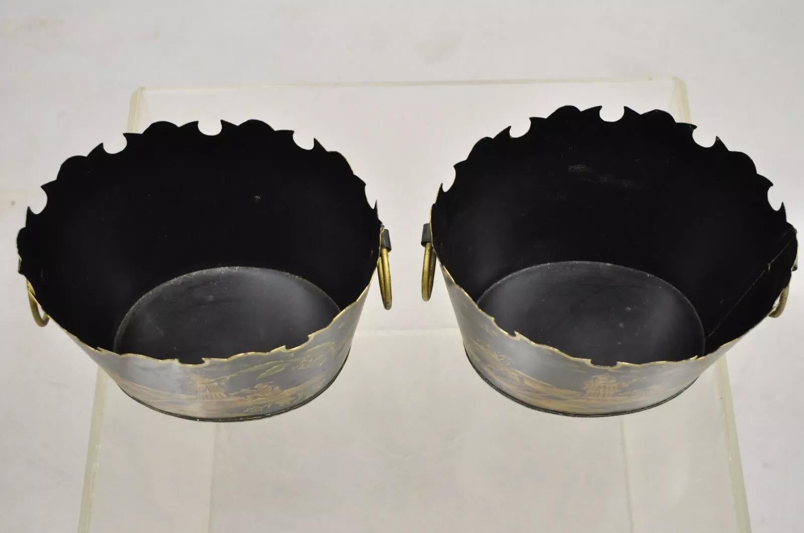 Scalloped Italian Hand Painted Toleware Chinoiserie Black Metal Planter - A Pair 2