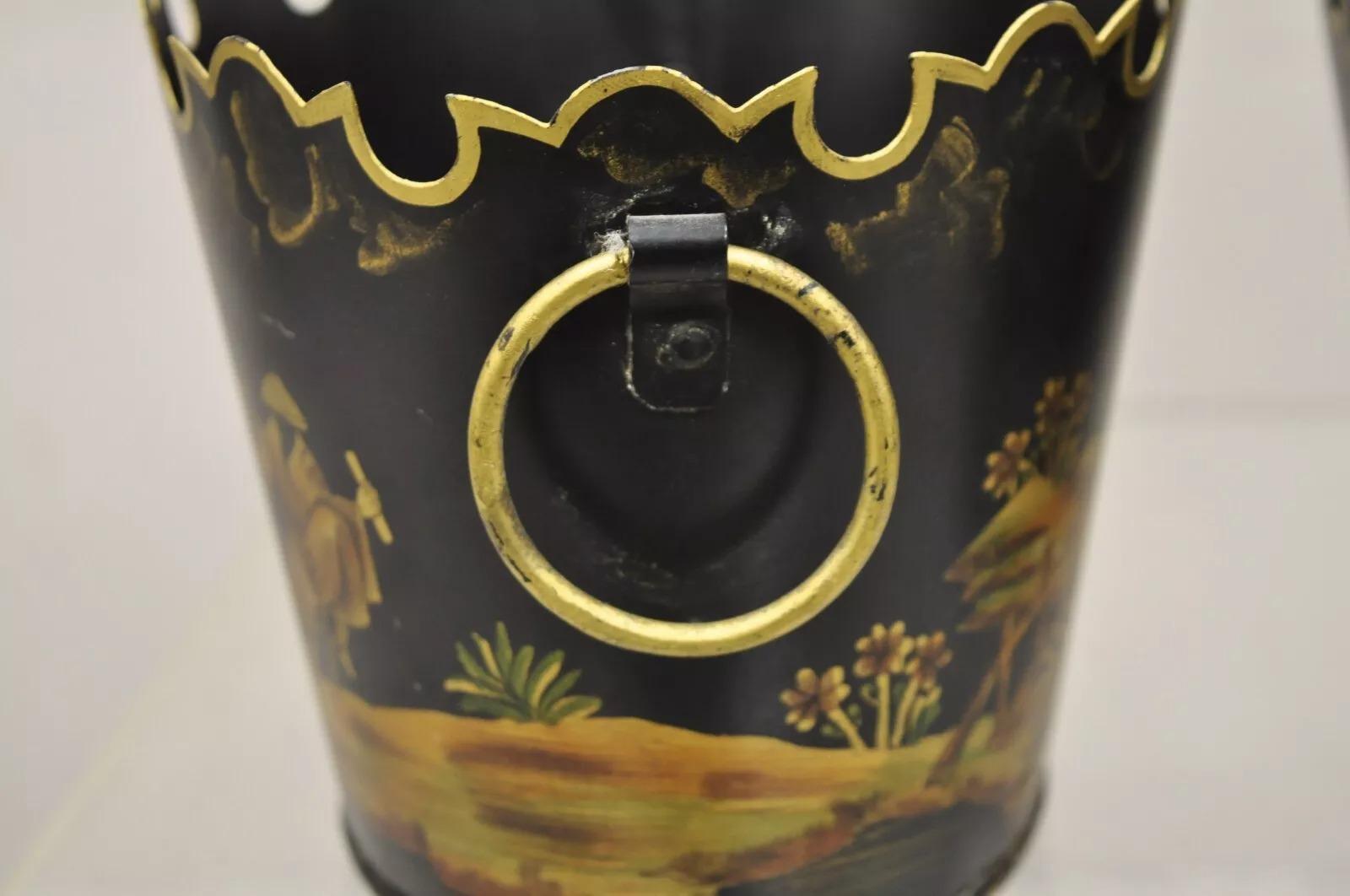 Scalloped Italian Hand Painted Toleware Chinoiserie Black Metal Planter - A Pair 4