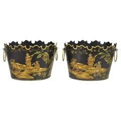 Scalloped Italian Hand Painted Toleware Chinoiserie Black Metal Planter - A Pair