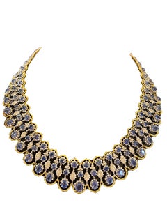 18K Gold Cornflower Blue Sapphire and Diamond Collar Necklace, Lace Design