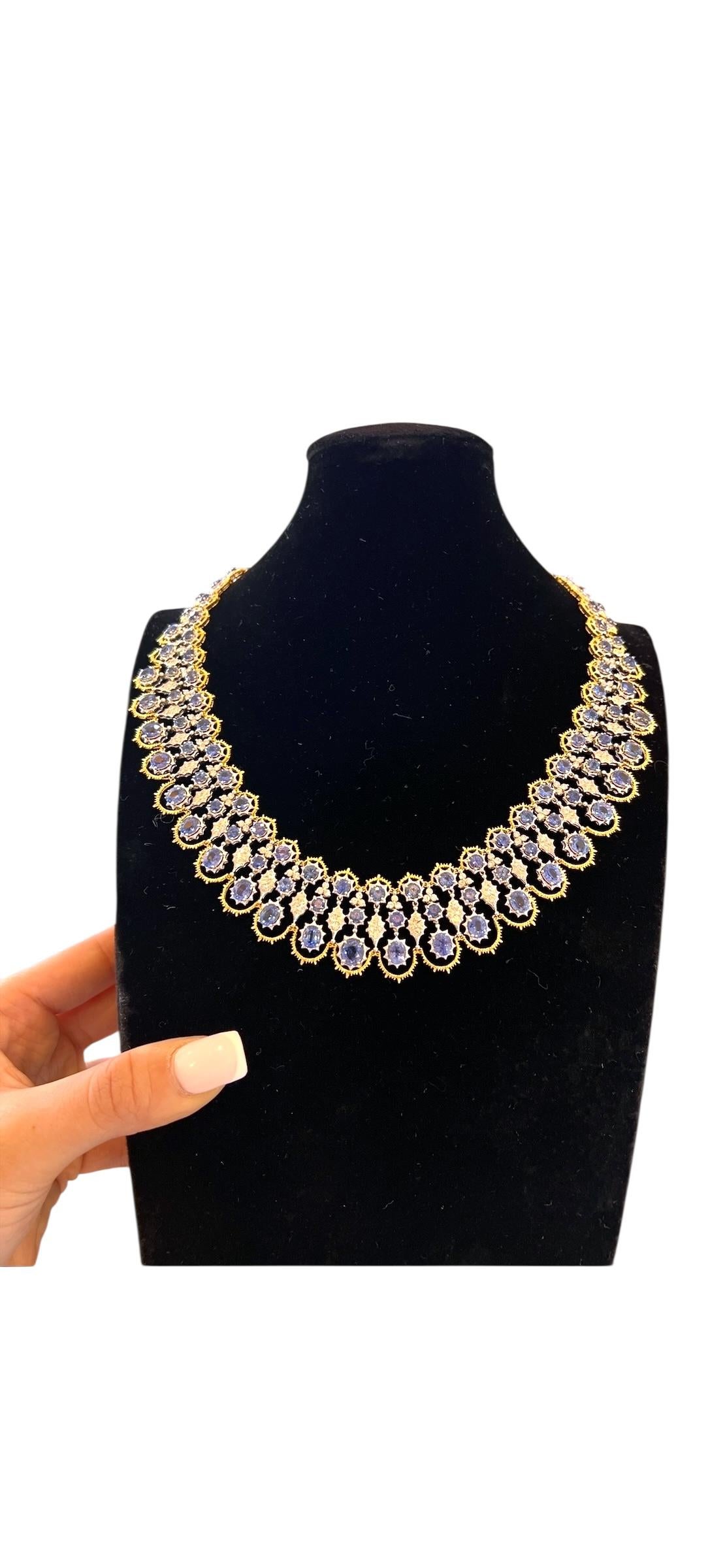 Collier en or 18 carats diamant saphir bleu bleu festonné Design/One Neuf - En vente à Great Neck, NY