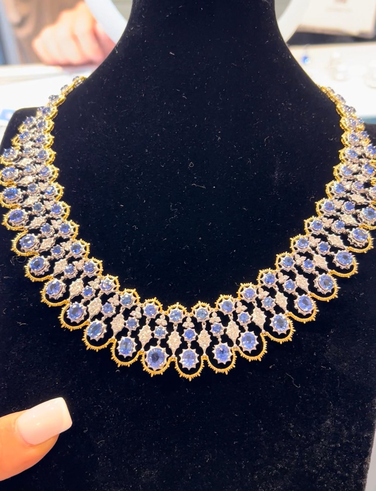 Collier en or 18 carats diamant saphir bleu bleu festonné Design/One en vente 2