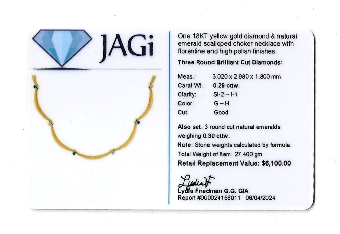 Scalloped Link Choker Necklace with Emeralds and Diamonds 18 Karat Yellow Gold 5