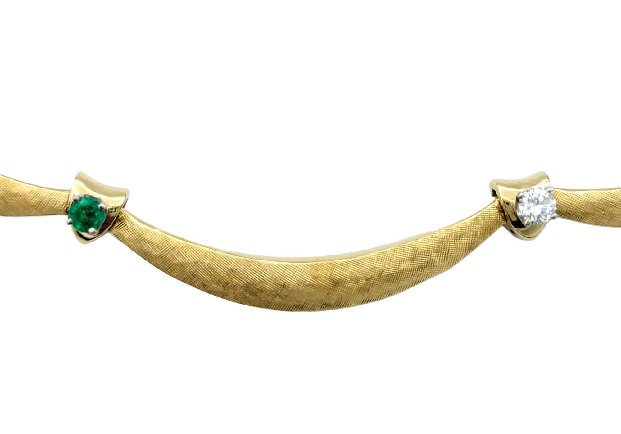 Round Cut Scalloped Link Choker Necklace with Emeralds and Diamonds 18 Karat Yellow Gold