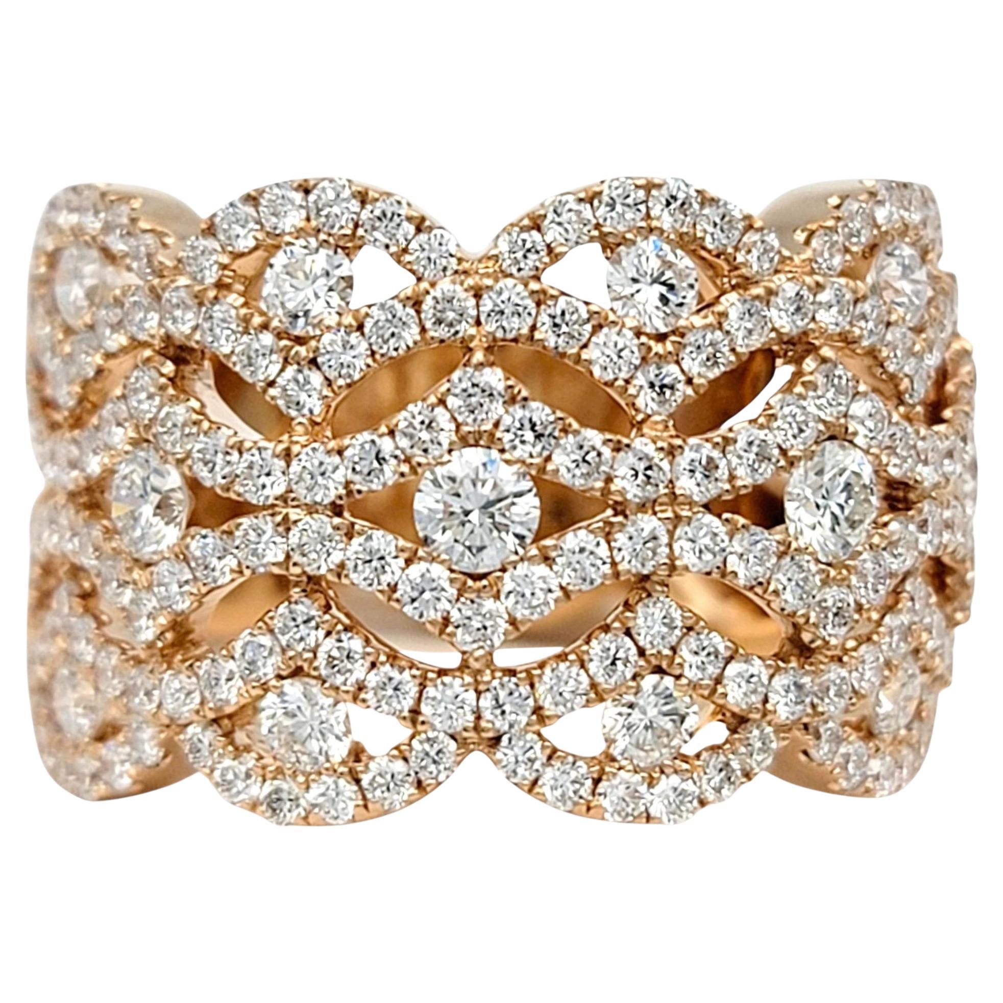 Scalloped Multi Row Diamond Cutout Wide Band Ring In 18 Karat Rose Gold For Sale