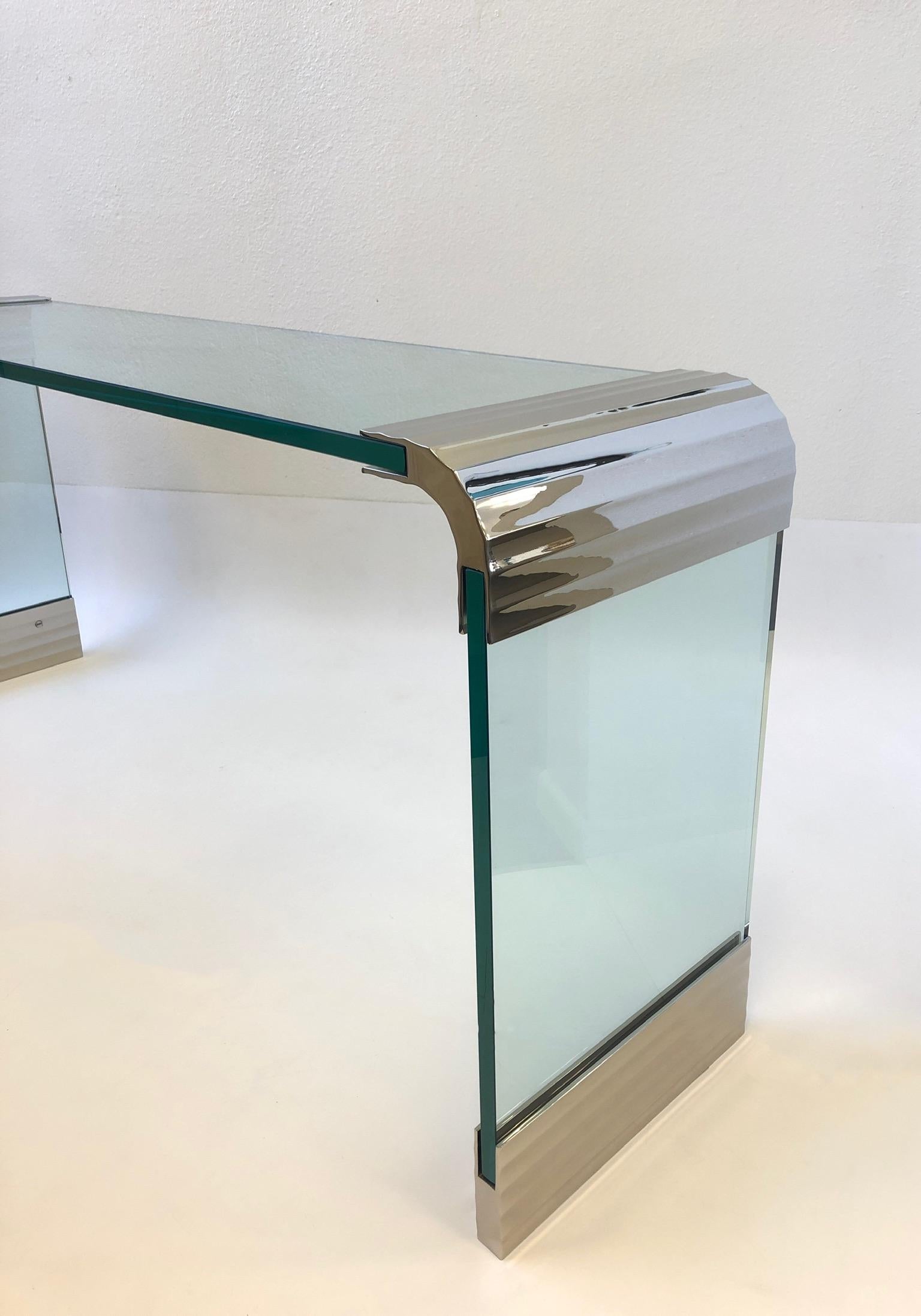 Modern Scalloped Nickel and Glass Waterfall Console Table by Leon Rosen for Pace
