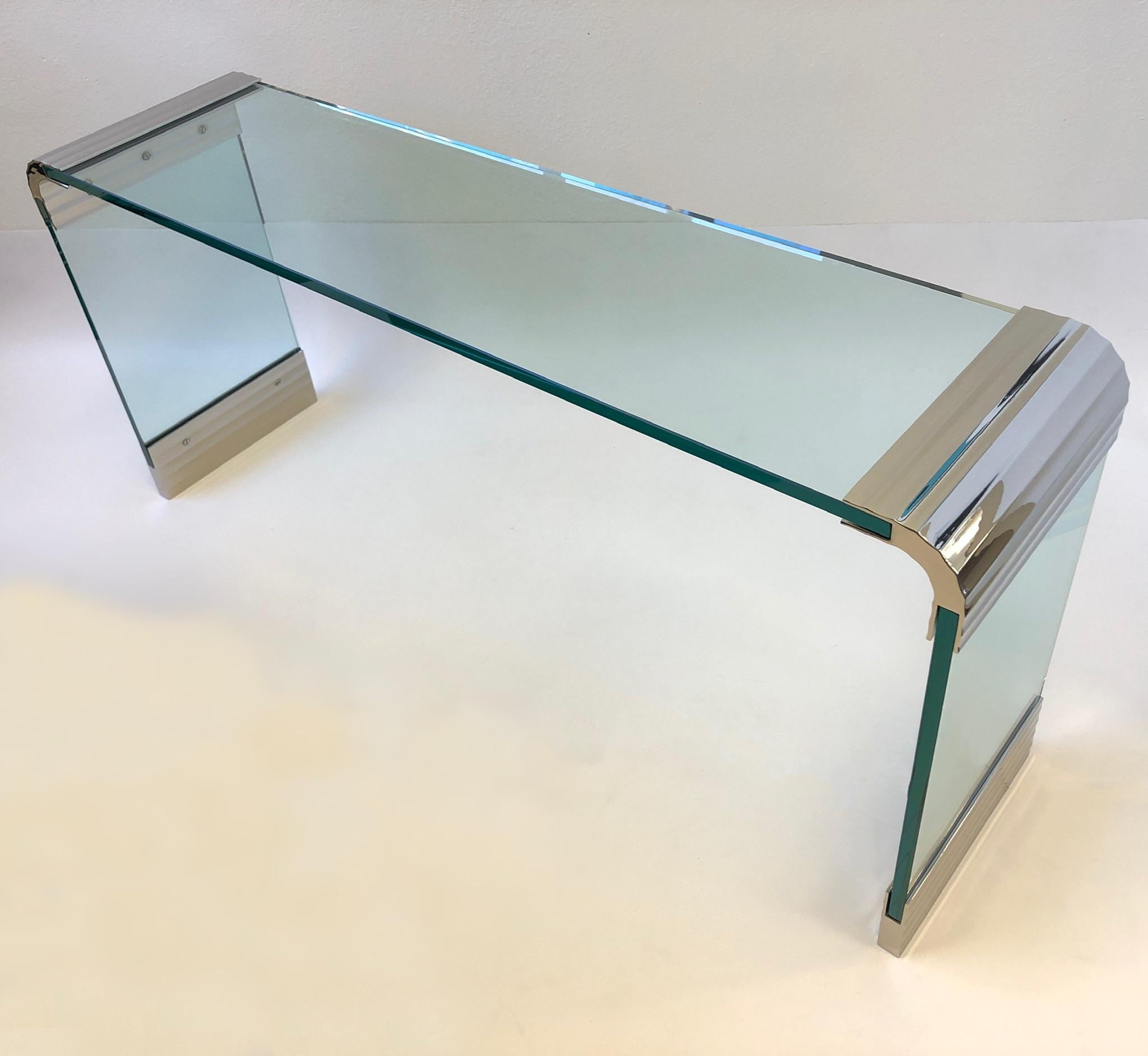 American Scalloped Nickel and Glass Waterfall Console Table by Leon Rosen for Pace