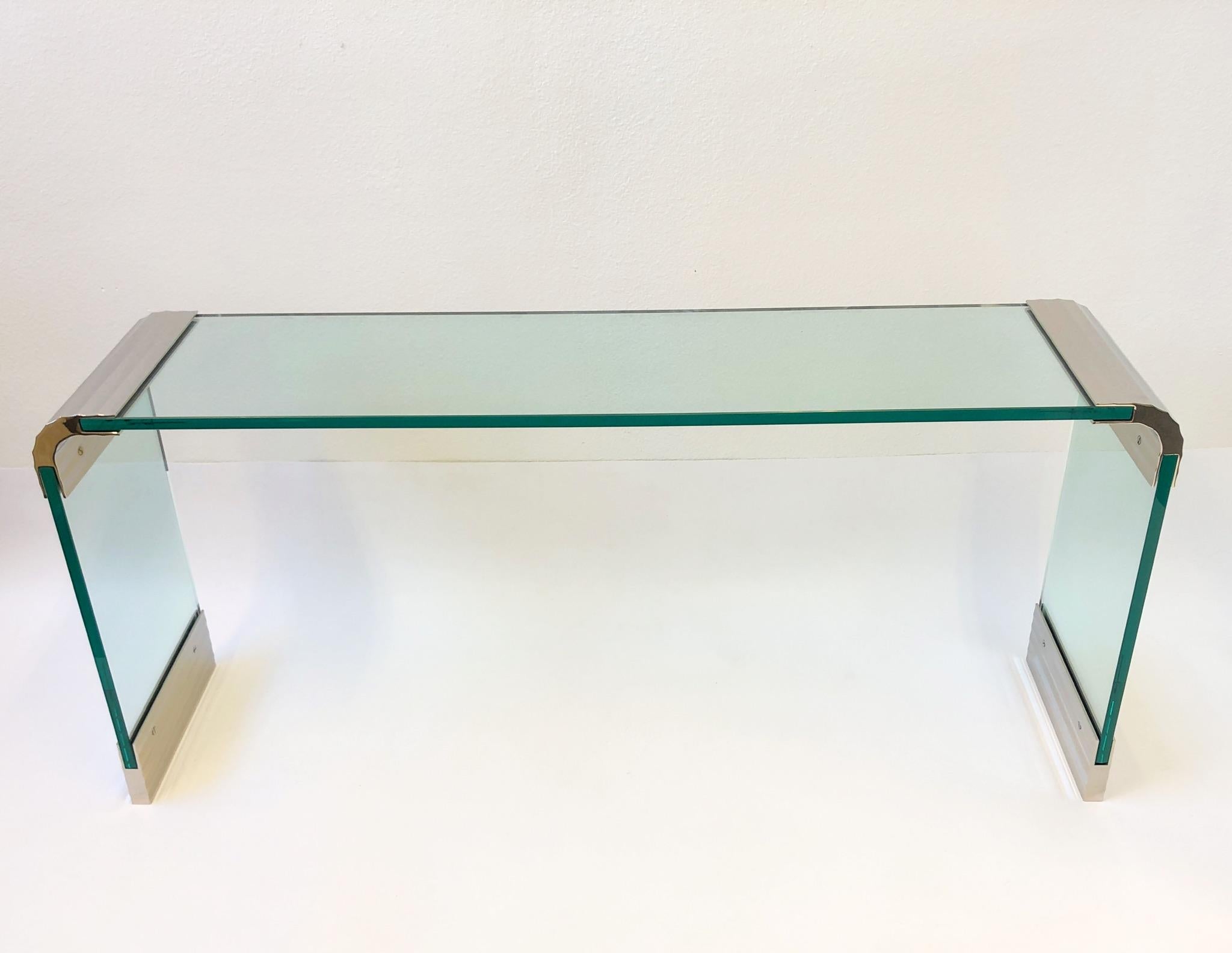 Scalloped Nickel and Glass Waterfall Console Table by Leon Rosen for Pace In Excellent Condition In Palm Springs, CA
