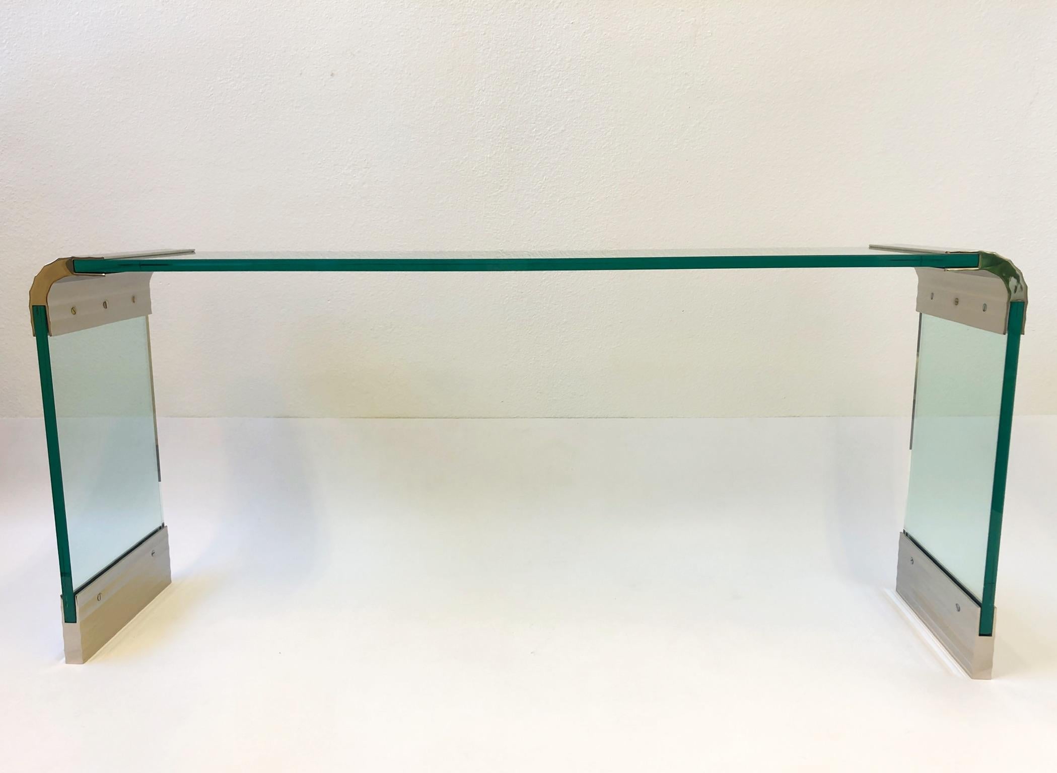 Late 20th Century Scalloped Nickel and Glass Waterfall Console Table by Leon Rosen for Pace