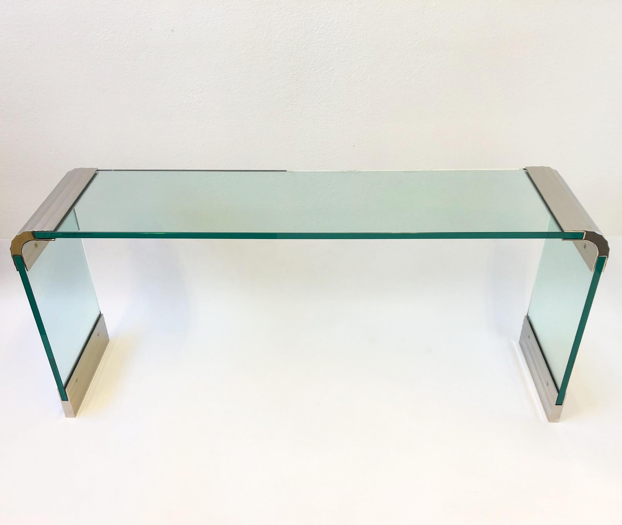 Scalloped Nickel and Glass Waterfall Console Table by Leon Rosen for Pace 1