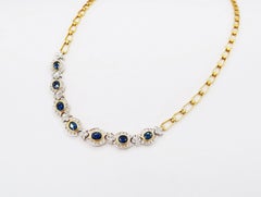 Scalloped Oval Deep Blue Sapphire Pavé Diamond Clover Motif Link Gold Necklace
