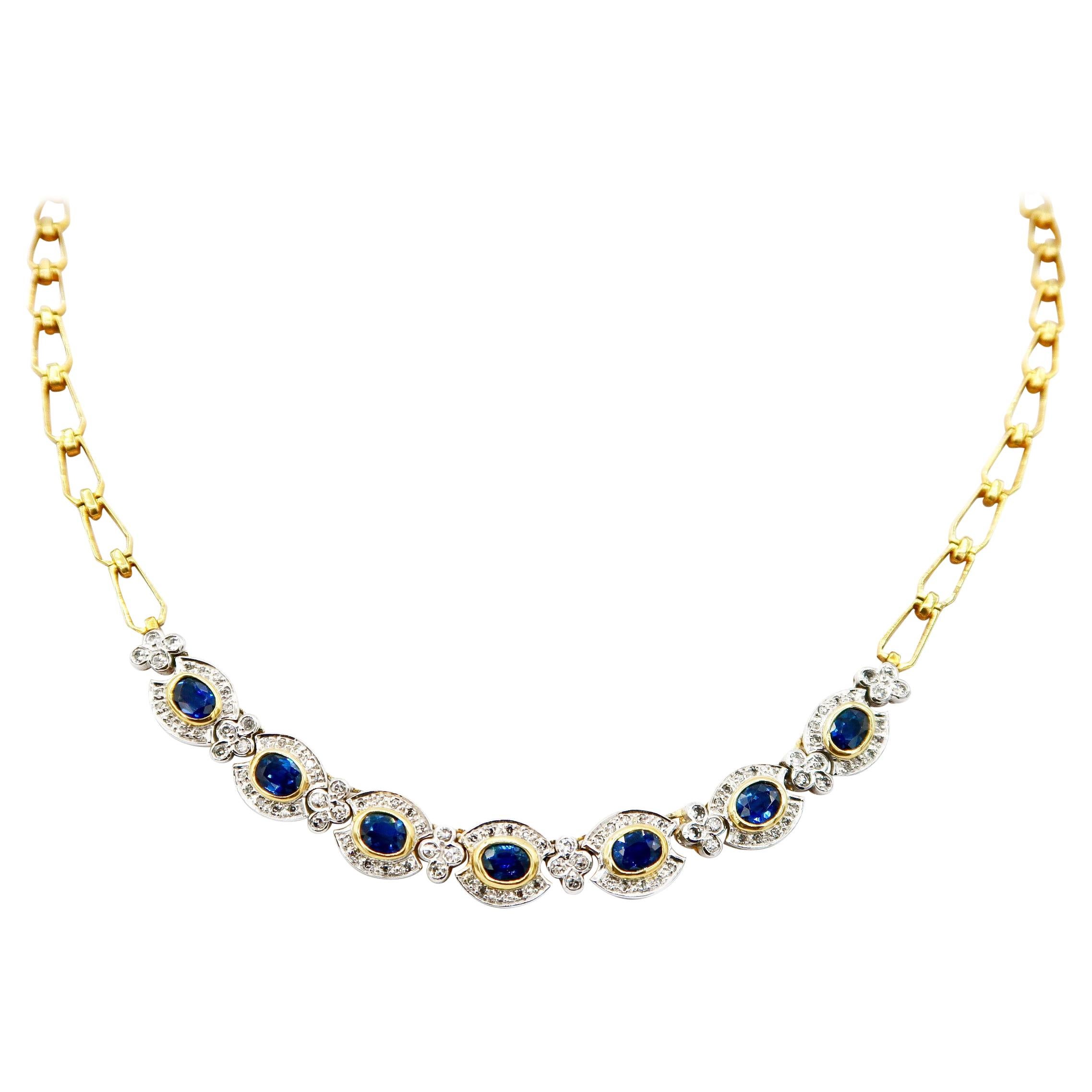 Scalloped Oval Deep Blue Sapphire Pavé Diamond Clover Motif Link Gold Necklace