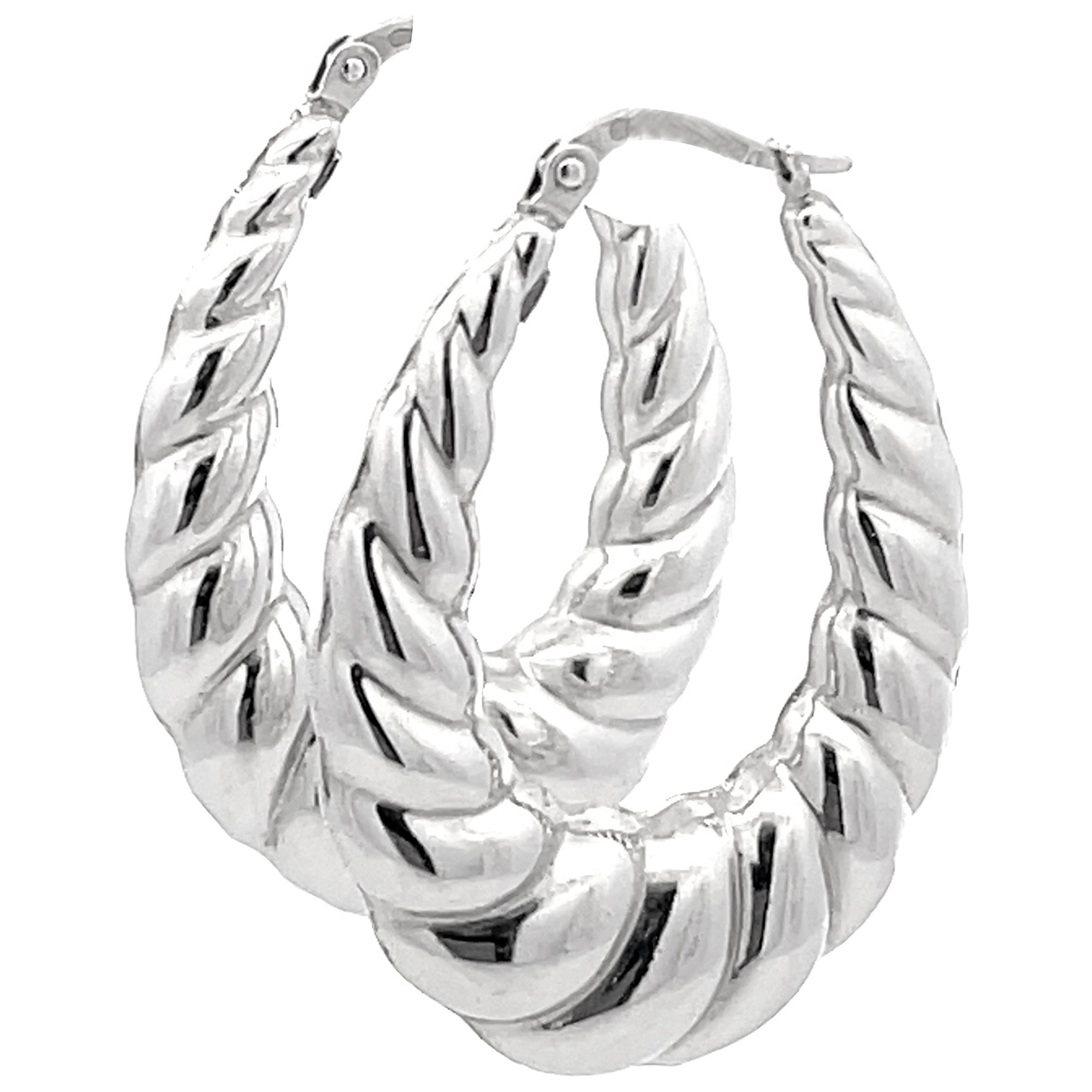 Pendientes de aro ovalados festoneados en oro blanco de 18k en venta