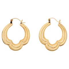 Scalloped Oval Hoop Earrings Vintage 14k Yellow Gold Drops Estate Jewelry