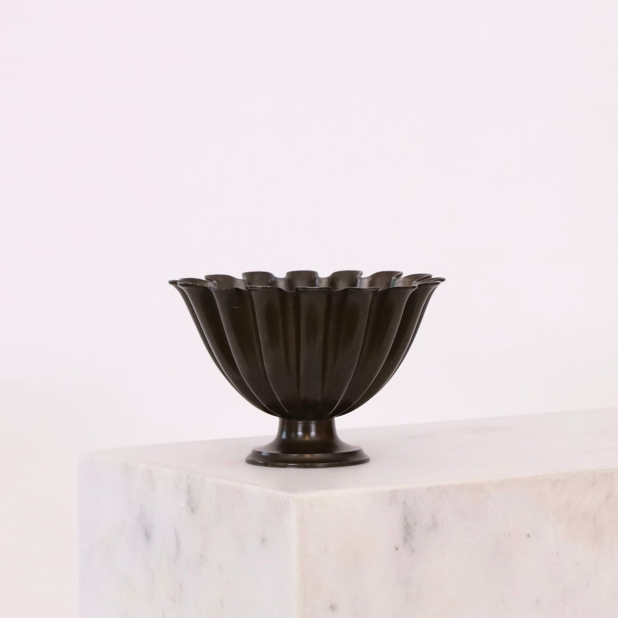 Bronze Scalloped pedestal discometal bowl by Just Andersen 1920s, Denmark For Sale