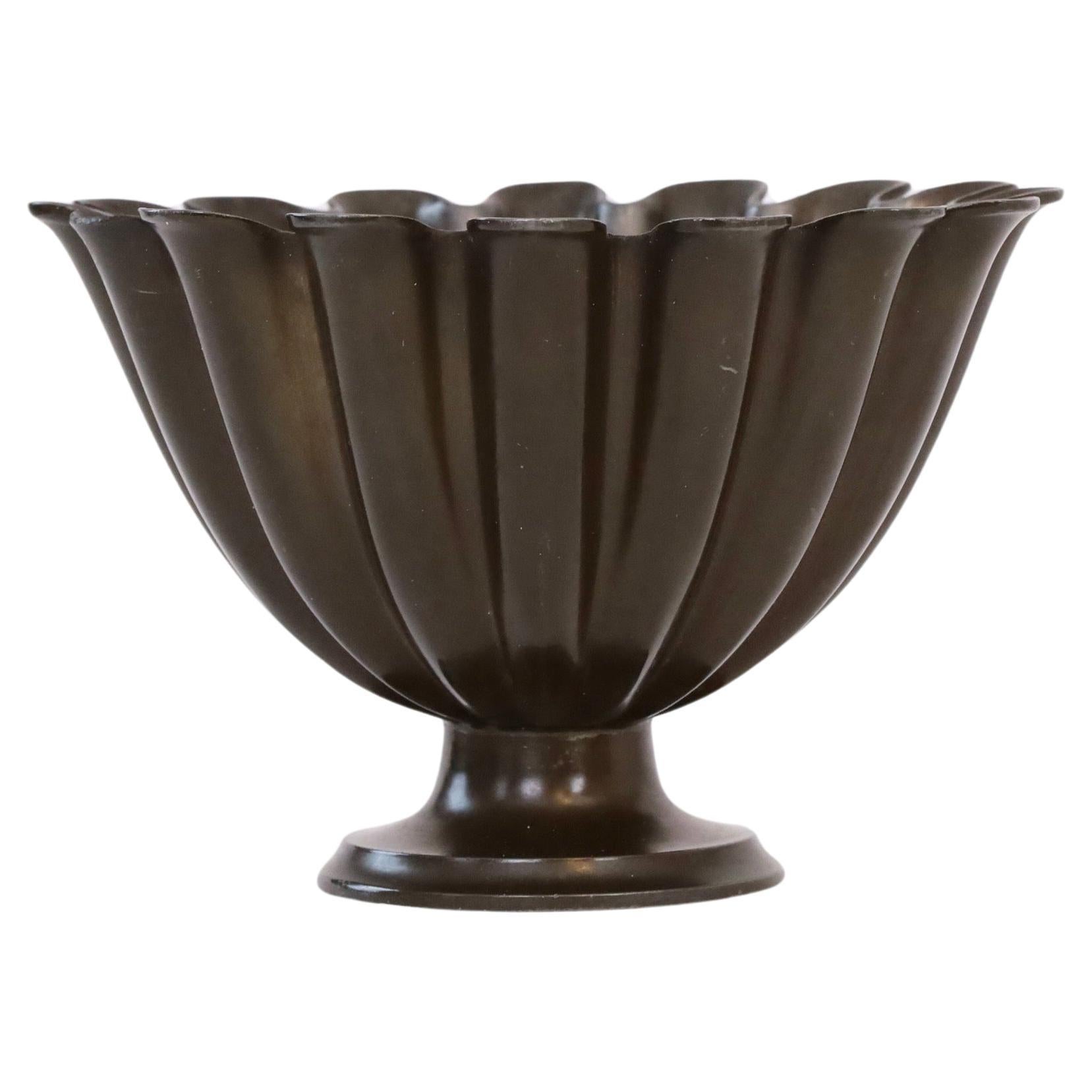 Scalloped pedestal discometal bowl by Just Andersen 1920s, Denmark For Sale