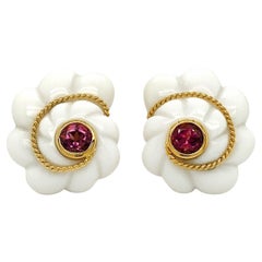 Scalloped Shell White Opal Pink Tourmaline 18K Yellow Gold Earrings