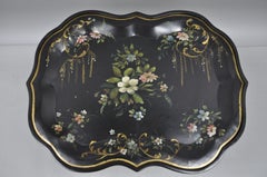 Scalloped Tole Metal Serving Tray Coffee Tea Table Black Faux Bamboo Chinoiserie