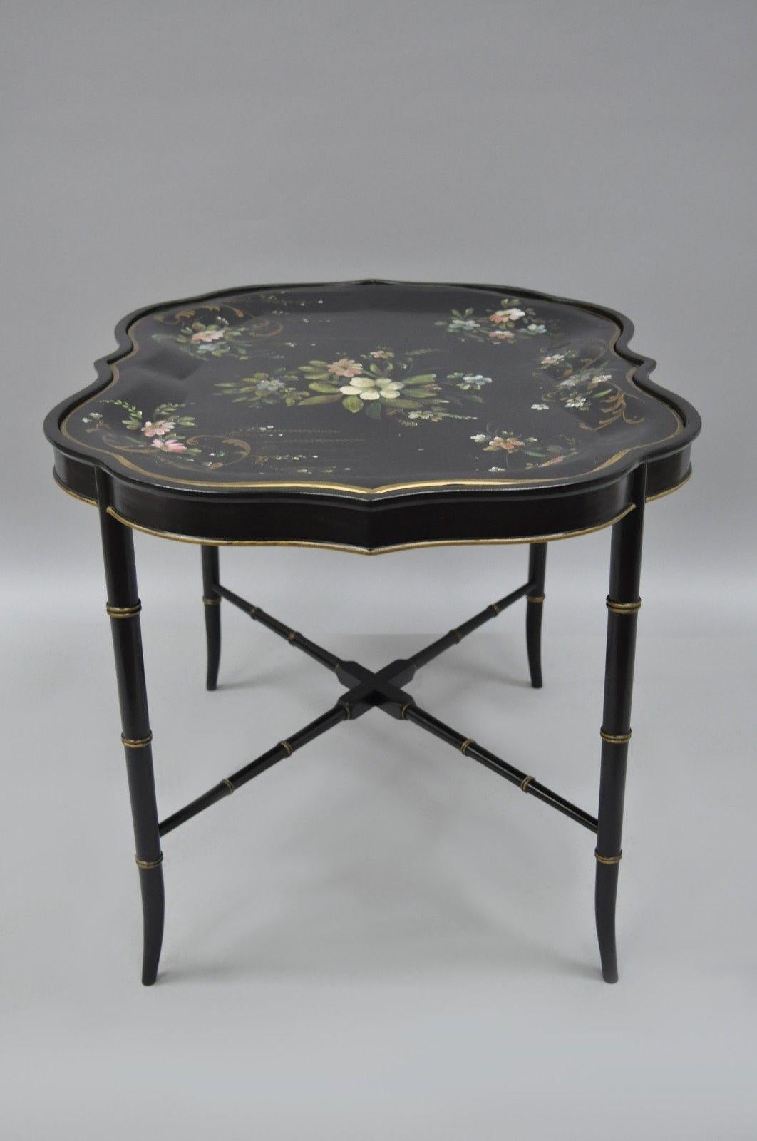 Scalloped Tole Metal Serving Tray Coffee Tea Table Black Faux Bamboo Chinoiserie In Good Condition In Philadelphia, PA