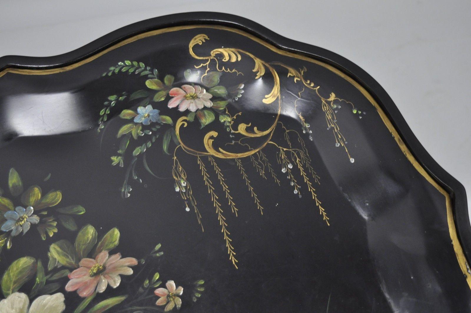 20th Century Scalloped Tole Metal Serving Tray Coffee Tea Table Black Faux Bamboo Chinoiserie