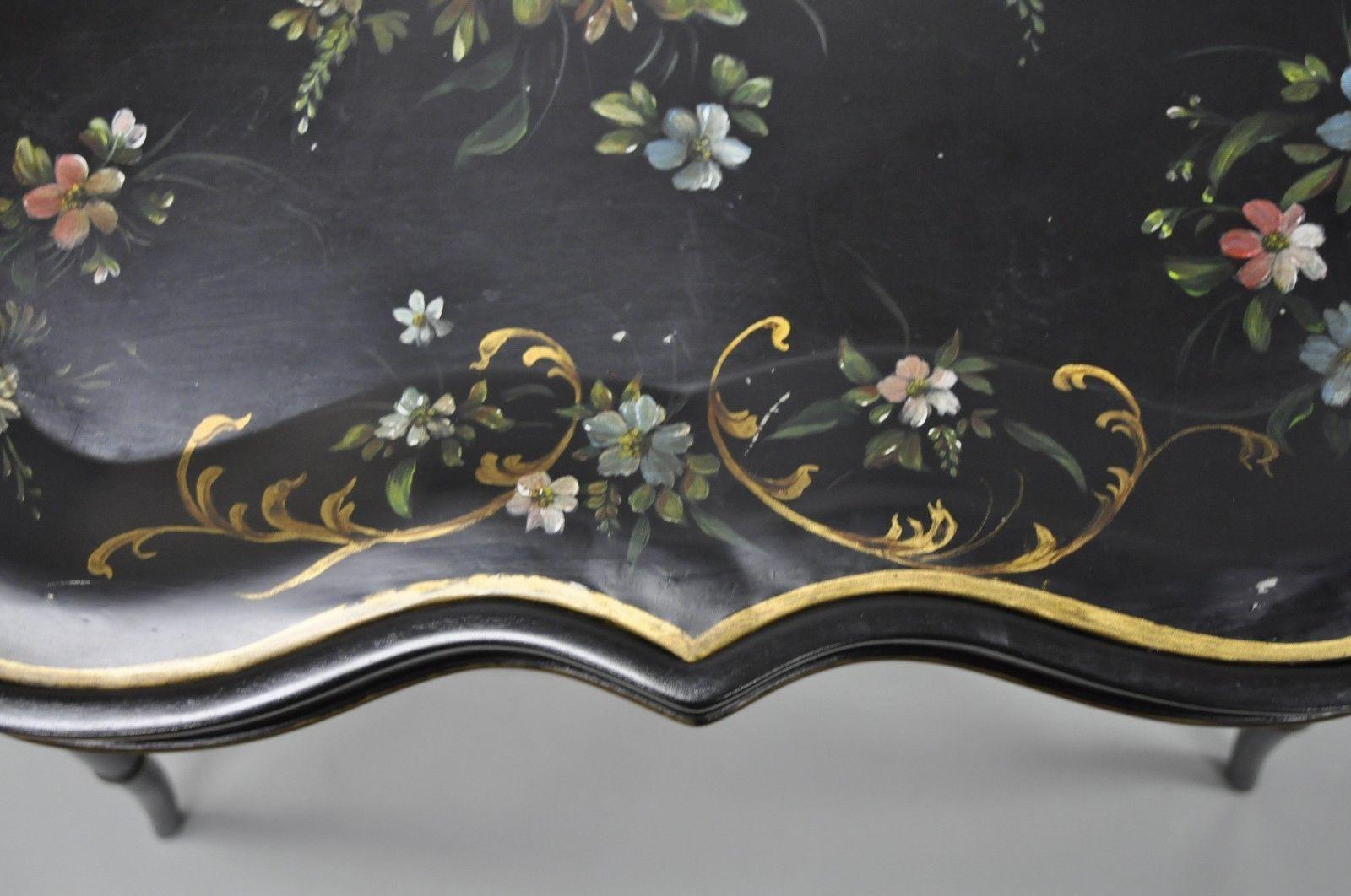 Scalloped Tole Metal Serving Tray Coffee Tea Table Black Faux Bamboo Chinoiserie 2