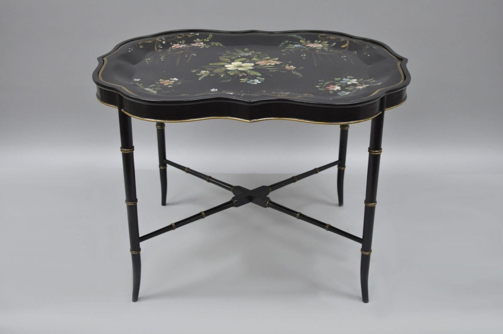 Scalloped Tole Metal Serving Tray Coffee Tea Table Black Faux Bamboo Chinoiserie 4
