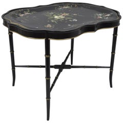 Vintage Scalloped Tole Metal Serving Tray Coffee Tea Table Black Faux Bamboo Chinoiserie
